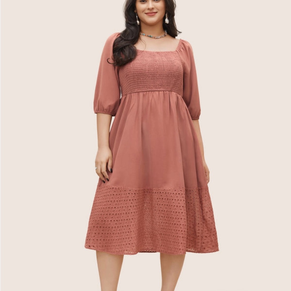 BloomChic Solid Square Neck Shirred Elastic Waist Cut Out Dress